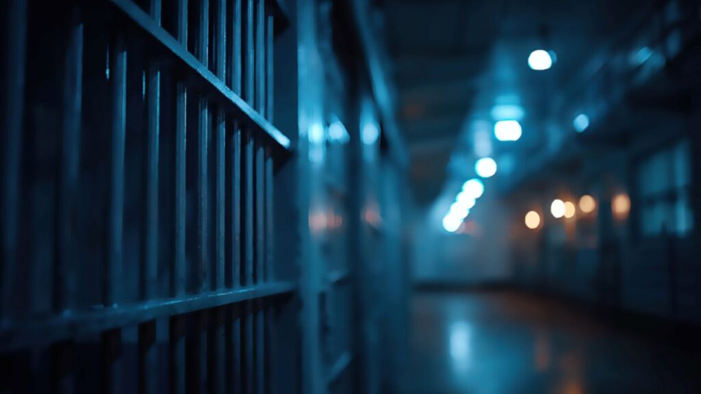Image of the inside of a jail hallway showing cells bars and reflecting lights in blue tones