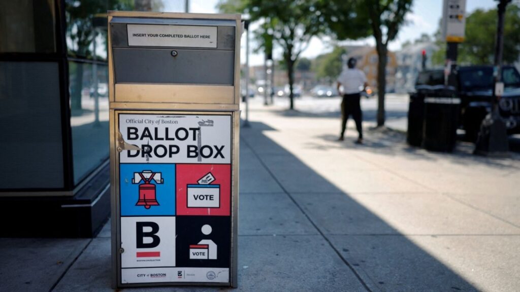 A ballot drop box outside a public library, ahead of the midterm primary election, in Boston, Massachusetts, U.S., August 20, 2026. (Reuters/Brian Snyder)