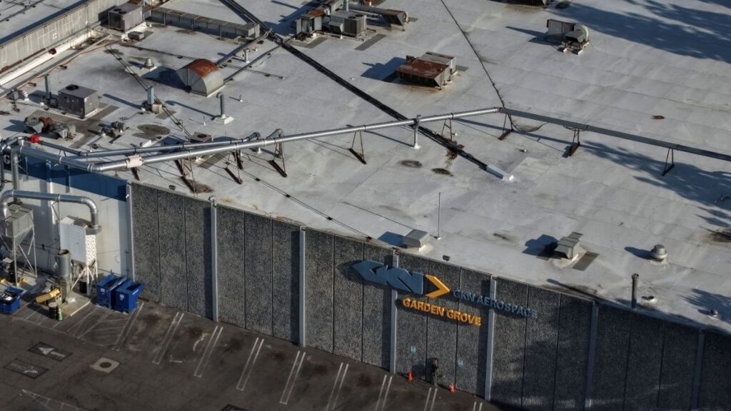 A drone picture shows a GKN Aerospace building, the site of a chemical incident involving a failing tank of flammable liquid called methyl methacrylate, used in the aerospace industry, which has forced an evacuation in the surrounding area in Garden Grove, California, U.S. May, 22, 2026. REUTERS/ Caroline Brehman