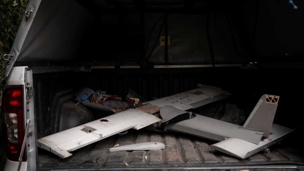 A fixed-wing Russian drone that Ukrainian officials say was guided by an Nvidia module in Zaporizhzhia, Ukraine, July 28, 2026. The tech giant says it does not sell the devices in Russia, but they are widely available on resale markets. When purchased that way, they are virtually impossible to track. (Nicole Tung/The New York Times)