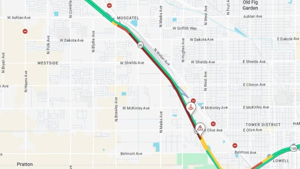 A multi-vehicle crash reduced southbound Highway 99 to two lanes at Olive Avenue in Fresno on Thursday, backing traffic up to Ashlan Avenue and causing delays, according to Caltrans. (Caltrans)