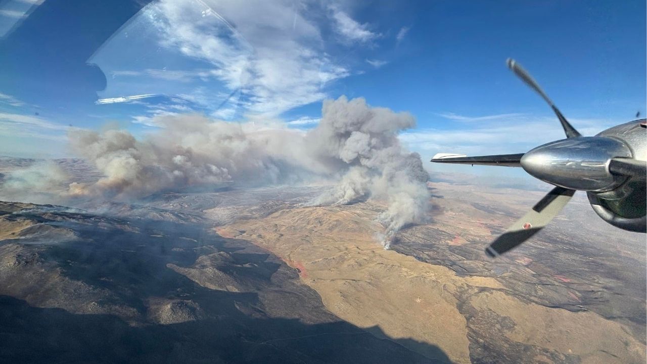 A photo provided by the U.S. Wildland Fire Service shows the Bug Fire and Fred Mountain Fire along the border of California and Nevada on Monday, Aug. 10, 2026. A woman was arrested after she told firefighters that she had intentionally set fires that became part of a larger blaze that is still burning along the border of California and Nevada, the authorities said Tuesday, Aug. 11, 2026. (U.S. Wildland Fire Service via The New York Times)