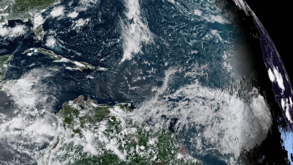 A satellite image provided by the National Oceanic and Atmospheric Administration shows the Atlantic Ocean. Dolly Parton died on Tuesday, Aug. 25, 2026. The next tropical storm in the Atlantic will, coincidentally, carry her name. (National Oceanic and Atmospheric Administration via The New York Times)
