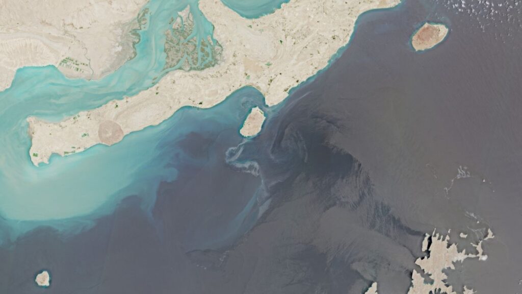 A satellite image shows Qeshm Island following suspected oil spills at sea, off the coast of Iran, August 10, 2026. European Union/Copernicus Sentinel-2/Handout via REUTERS