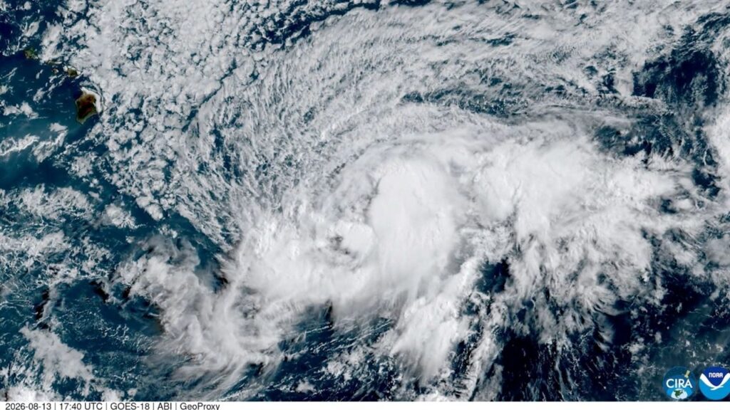 A satellite image shows the tropical storm Lala over the Pacific Ocean, in this screengrab from a timelapse video taken between August 12 and August 13, 2026. CSU/CIRA & NOAA/Handout via REUTERS