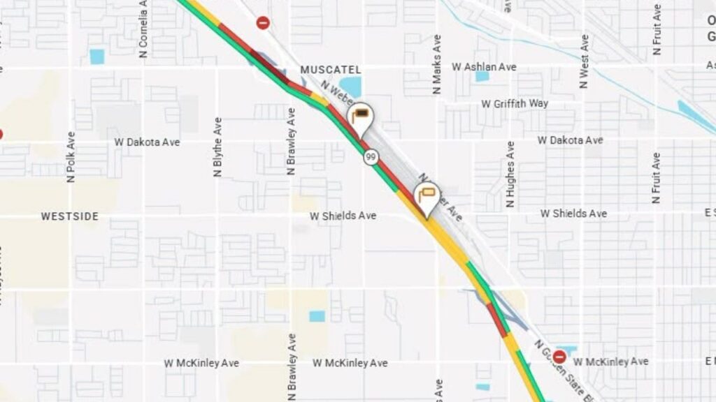A traffic collision reduced northbound Highway 41 to two lanes just north of Ashlan Avenue in Fresno on Wednesday, according to Caltrans. (Caltrans)