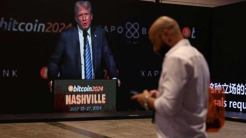 A video of U.S. President Donald Trump speaking at the 2024 Bitcoin Conference in Nashville plays on a screen during a forum at the Bitcoin Asia conference in Hong Kong, China, August 28, 2025. (Reuters File)