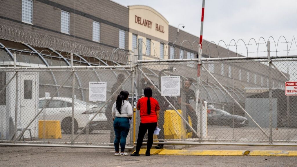 A view outside Delaney Hall, a federal immigration detention facility in Newark, N.J., June 10, 2026. Edwin Jovanny Lopez, a Salvadoran immigrant, has died at Delaney detention center; the facility has been the focus of intense scrutiny for its treatment of detainees. (Madison Swart/The New York Times)