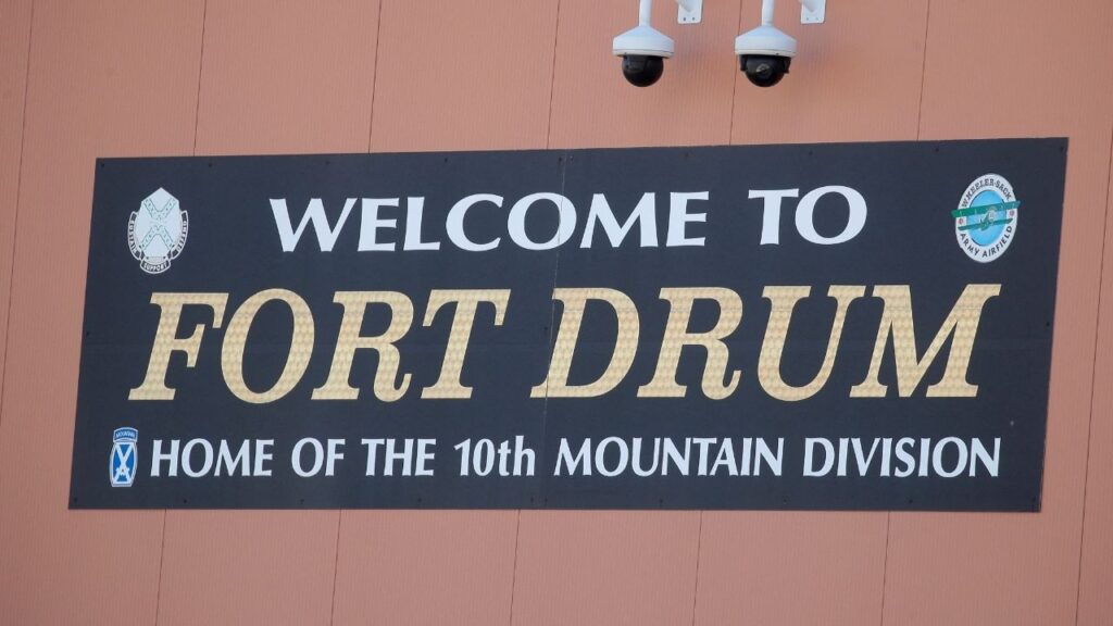 A welcome sign is seen at Wheeler-Sack Army Airfield, the airport used by the 10th Mountain Division at Fort Drum, New York, U.S., September 6, 2021. (Reuters File)
