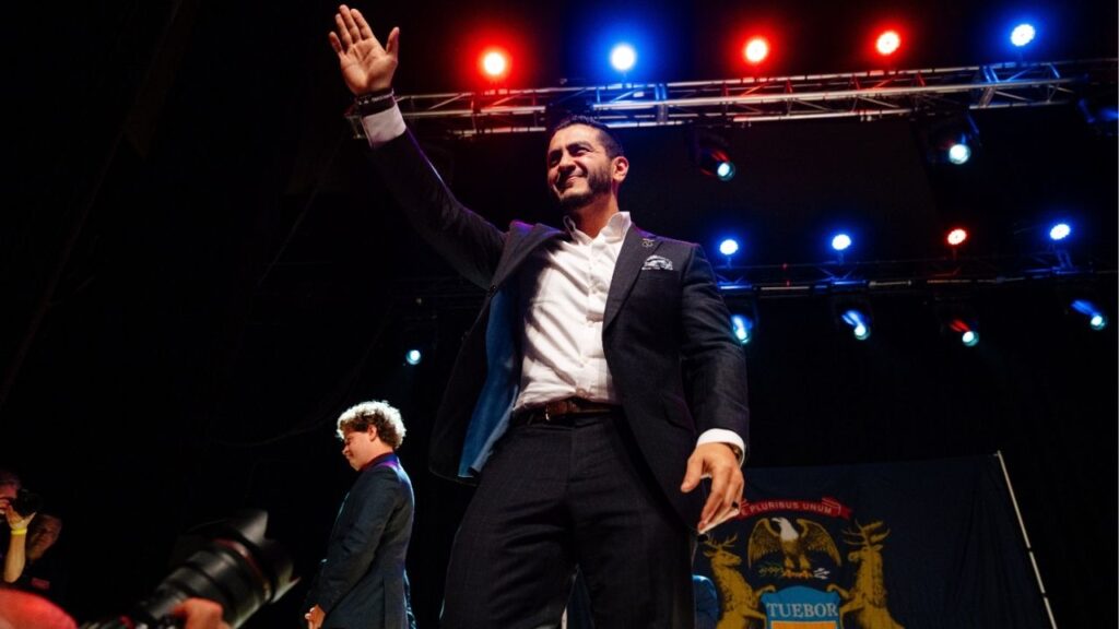 Abdul El-Sayed, a progressive former public health official and Democratic Senate candidate, takes the stage at a primary election night gathering in Detroit early Wednesday, Aug. 5, 2026. El-Sayed’s close primary victory signaled that he has work to do to unite Democrats and turn out swing voters in November. (Nick Hagen/The New York Times)