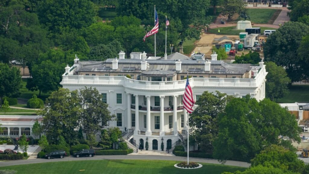 Aerial view from the top of the Washington Monument of the White House in Washington, D.C., U.S., May 2, 2026. REUTERS/Ken Cedeno