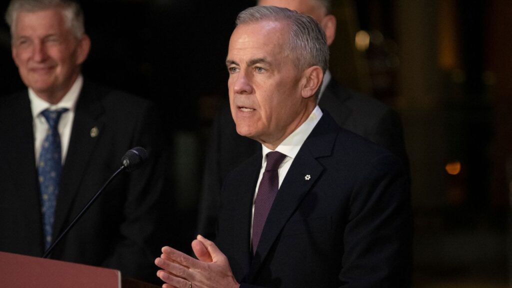 Prime Minister Mark Carney of Canada speaks at the Canada Museum of Science and Technology in Ottawa, Canada, on April 27, 2026. Two weeks before proposed 50 percent tariffs take effect, Canadian Prime Minister Mark Carney turned President Trump’s rhetoric back on him, calling trade talks with the U.S. “nasty.” (Ian Austen/The New York Times)