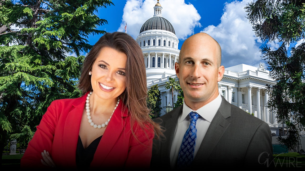 Image of Alexandra Macedo in a red dress and Heath Flora in a dark suit with trees and the California state Capitol in the background