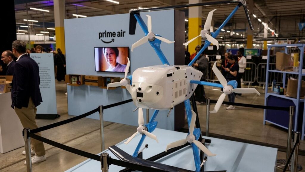 Amazon Prime Air drone model is displayed during the Delivering the Future EMEA 2026 event at Amazon's LCY3 fulfilment centre in Dartford, Britain, June 4, 2026. (Reuters File)