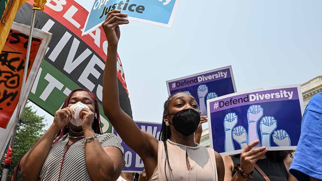 Supporters of affirmative action protest the U.S. Supreme Court ban outside of the court in Washington, June 29, 2023.. After loosening requirements during the Covid era, some colleges and universities are shaking up admissions again, facing pressure from the Trump administration, AI and even their own professors. (Kenny Holston/The New York Times)