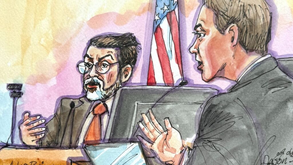 Arturo Bejar, a former Facebook safety engineer and Instagram consultant, is questioned by states' lawyer Jason Slothouber before U.S. District Judge Yvonne Gonzalez Rogers in a courtroom sketch as Meta faces a landmark federal trial over claims from 29 states that it improperly captured data from minors, designed its social media platforms to addict children, and misled the public about their safety, in Oakland, California, U.S., August 18, 2026. REUTERS/Vicki Behringer.
