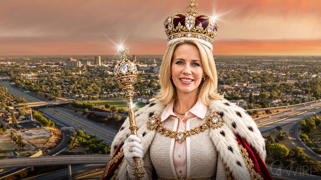 Composite image of Ashley Swearengin with a crown and staff above the Fresno skyline