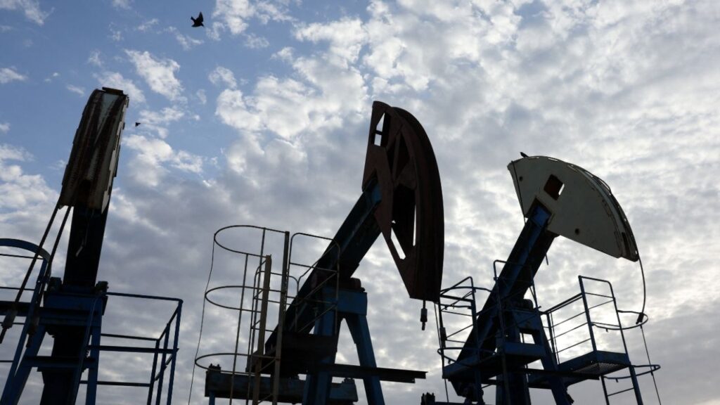 Birds fly over pump jacks at the Airankol oil field operated by Caspiy Neft in the Atyrau region, Kazakhstan, April 20, 2026. (Reuters/Pavel Mikheyev)