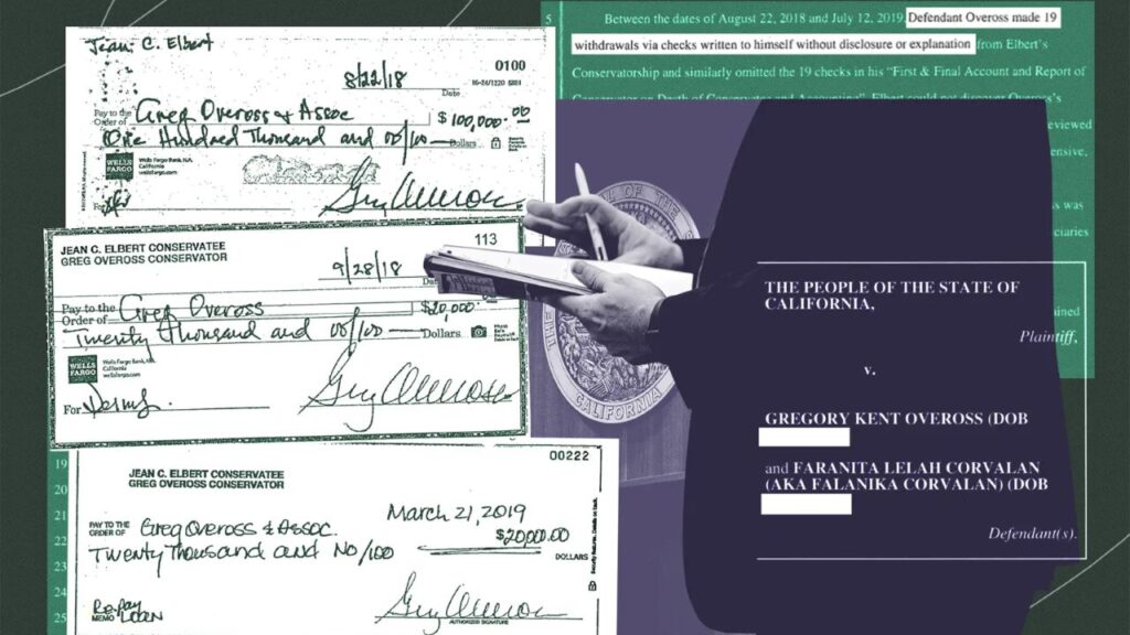 Illustration of checks, a court seal, and a criminal indictment