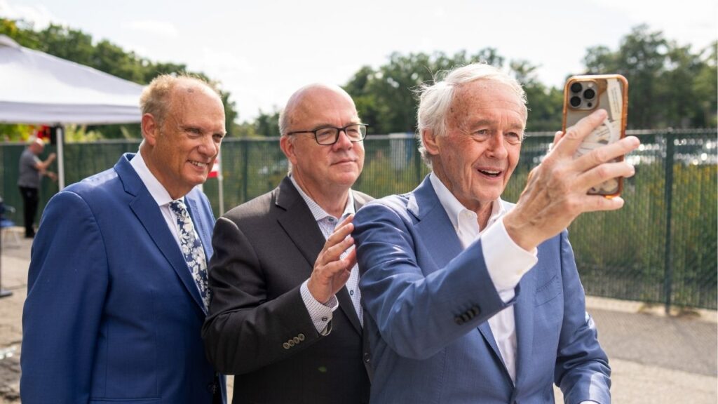 Sen. Ed Markey (D-Mass.), right, with Rep. Jim McGovern (D-Mass.), center, and Worcester Mayor Joseph Petty at a groundbreaking ceremony at GreenTech Park in Worcester, Mass., on Thursday, Aug. 13, 2026. Across the country, Democratic voters are eagerly swapping aging lawmakers for younger challengers. Markey, who is 80 and the oldest Senate Democrat running for re-election, is hoping that his progressive politics will save him in Massachusetts. (Mel Musto/The New York Times)