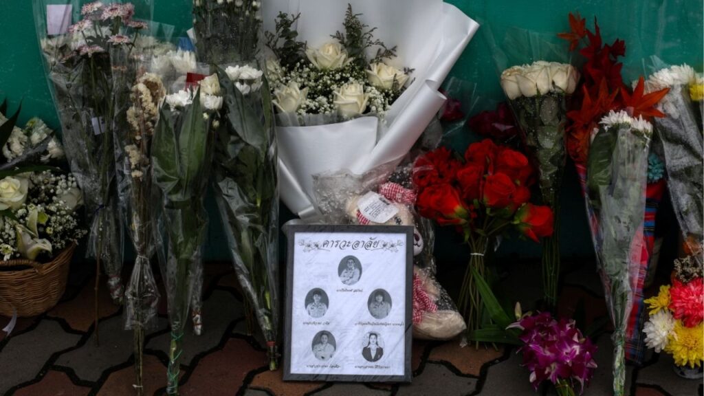 Flowers and pictures of teachers killed are left outside Debsirin Nonthaburi School following a deadly shooting at the school, in Bang Kruai district in Nonthaburi province, on the outskirts of Bangkok, Thailand, August 9, 2026. REUTERS/Valeria Mongelli