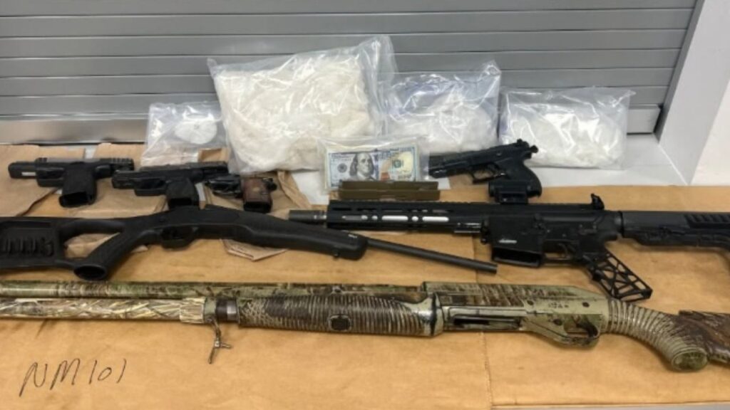 Four men were arrested Thursday after Kern County sheriff’s detectives investigating copper wire thefts found eight firearms and about 6 pounds of suspected methamphetamine at a property outside Wasco. (Kern County SO)