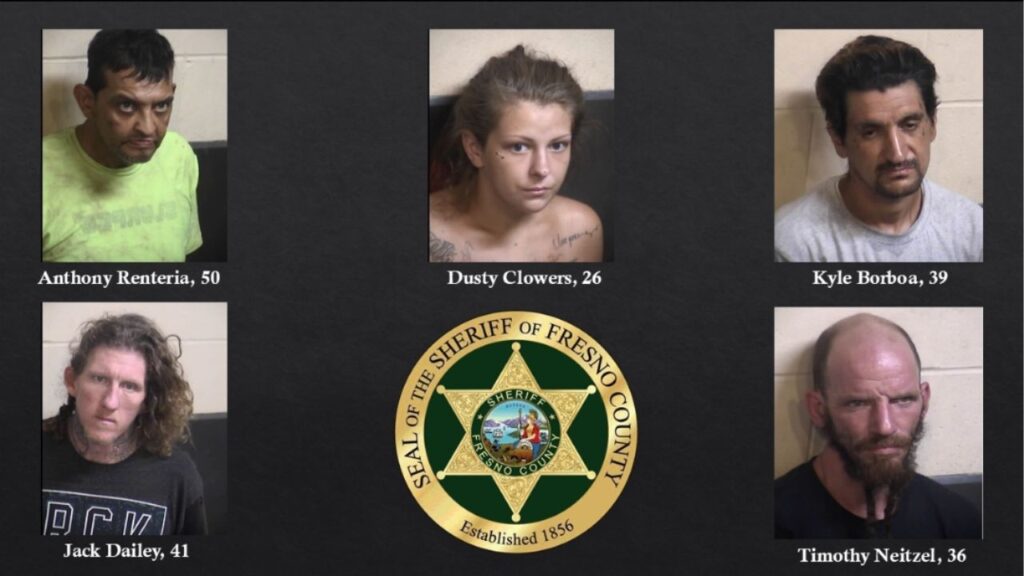 Fresno County authorities arrested Anthony Renteria, Jack Dailey, Kyle Borboa, Timothy Neitzel and Dusty Clowers in connection with the theft of approximately 500 bronze vases from Fresno Memorial Gardens Cemetery. (Fresno County SO)