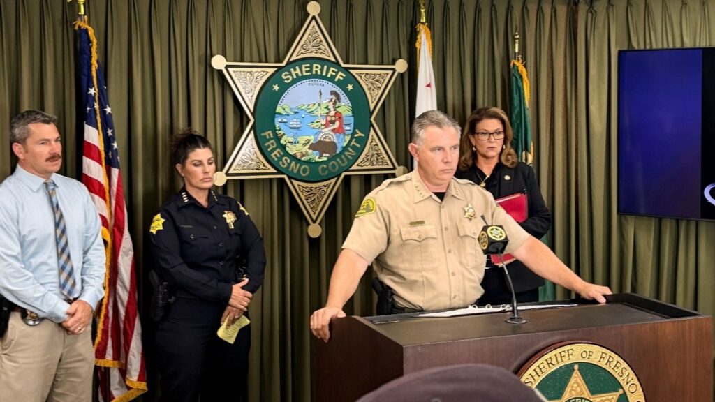 From left to right: Detective Joe Smith, Fresno Police Chief Mindy Casto, Fresno County Sheriff John Zanoni, and Fresno County District Attorney Lisa Smittcamp at a Friday, Aug. 21, 2026, news conference regarding a Fresno County prosecutor being stabbed. (GV Wire/Anthony W. Haddad)
