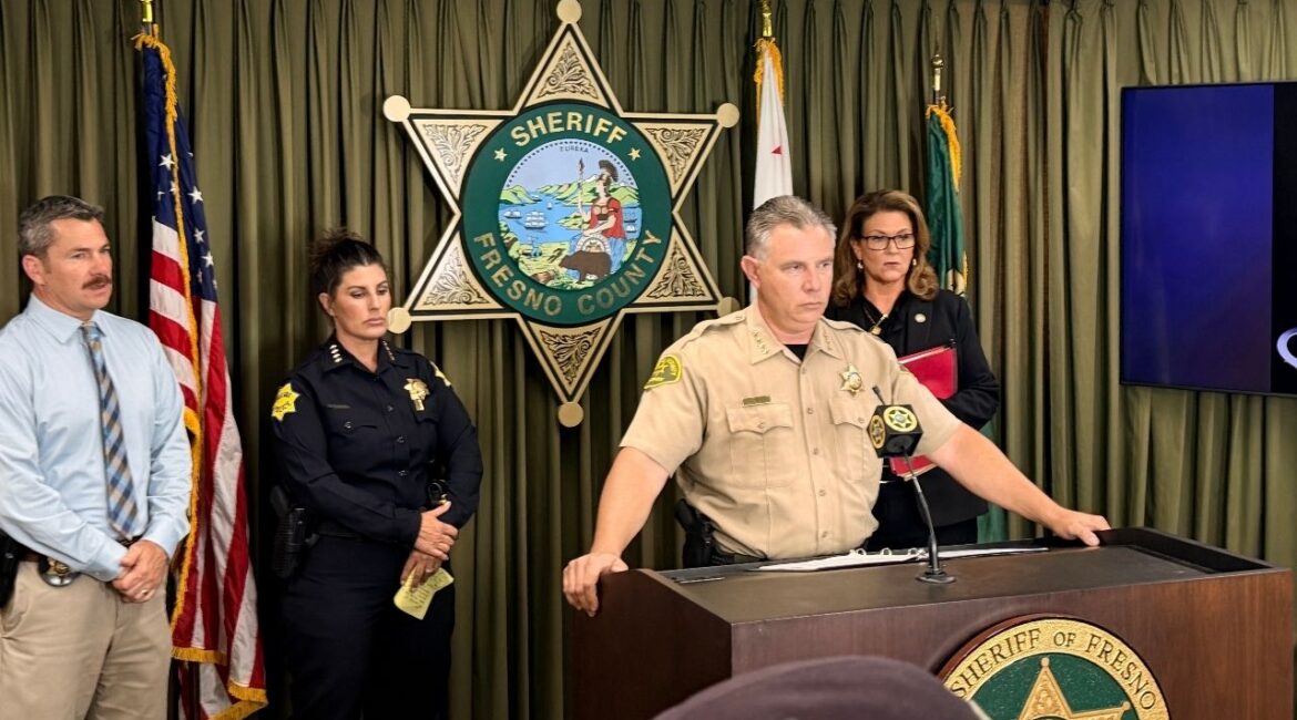 From left to right: Detective Joe Smith, Fresno Police Chief Mindy Casto, Fresno County Sheriff John Zanoni, and Fresno County District Attorney Lisa Smittcamp at a Friday, Aug. 21, 2026, news conference regarding a Fresno County prosecutor being stabbed. (GV Wire/Anthony W. Haddad)