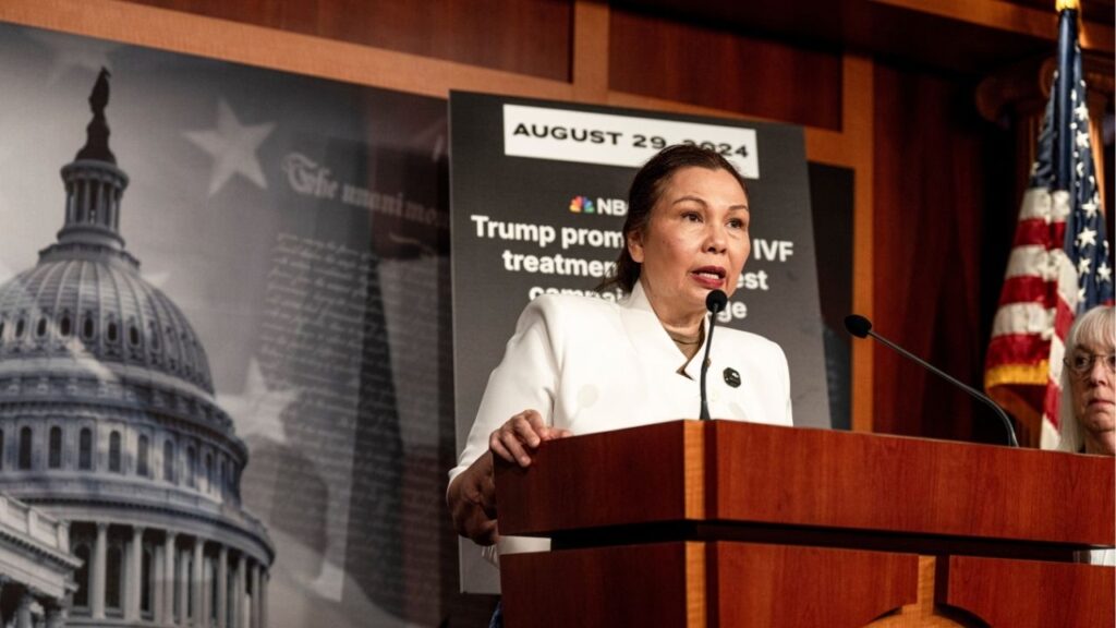 Sen. Tammy Duckworth (D-Ill.) speaks during a news conference about access to in vitro fertilization on Capitol Hill in Washington, July 23, 2026. In a notable shift, Republican senators voted unanimously against a proposal to expand the military’s coverage of fertility treatments. (Alex Kent/The New York Times)
