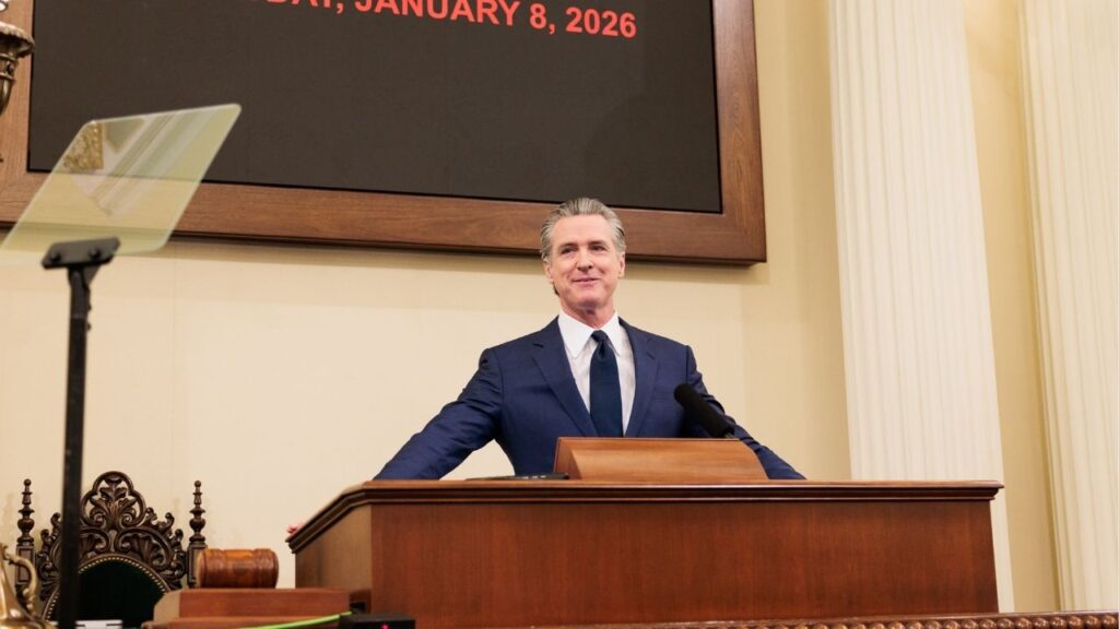 Gov. Gavin Newsom of California delivers his State of the State address at the State Capitol in Sacramento, Jan. 8, 2026. California’s fight over a wealth tax measure, known as Proposition 40, is being watched nationally because the state often serves as a testing ground for progressive policymaking. (Max Whittaker/The New York Times)