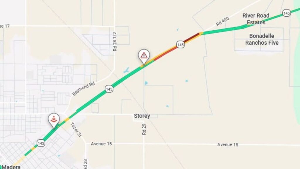 Highway 145 is closed in both directions near Road 29 in Madera County because of a downed power line, with no estimated reopening time. (Caltrans)