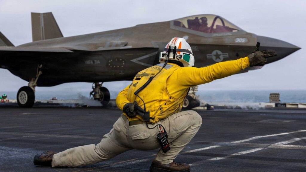 A U.S. sailor launches an F-35C Lightning II, assigned to Marine Fighter Attack Squadron 314, from the flight deck of Nimitz-class aircraft carrier USS Abraham Lincoln during the ongoing conflict with Iran August 5, 2026. (U.S. Navy/Handout via REUTERS)