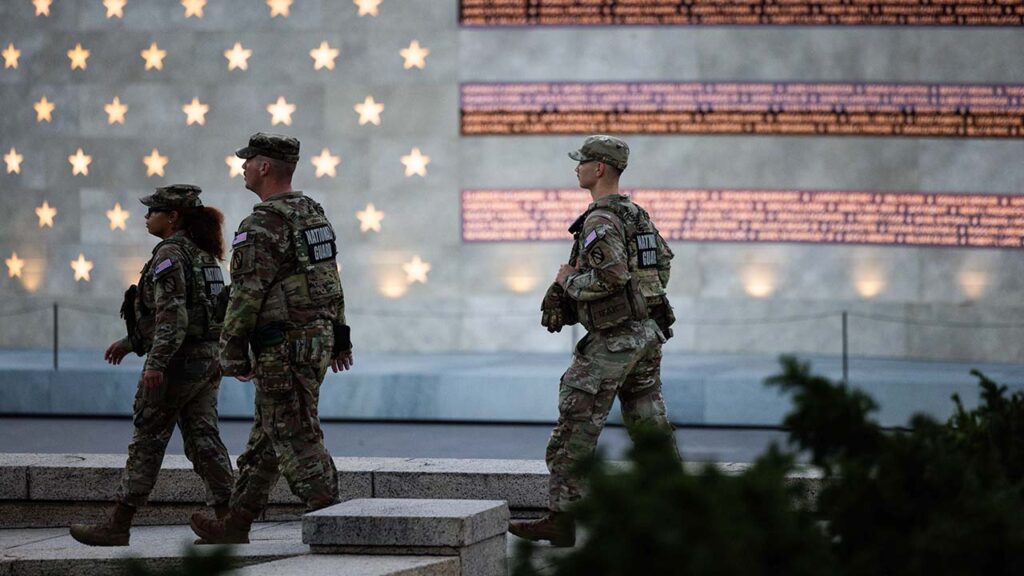 Members of the National Guard patrol the Lincoln Memorial in Washington on Aug. 6, 2026. National Guard troops have become fixtures at memorials, monuments and Metro stops, following their deployment to the city by President Trump. (Tierney L. Cross/The New York Times)