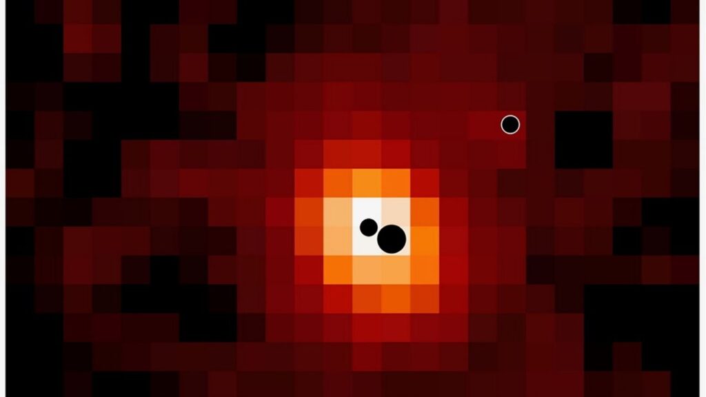 In an undated image provided by Hannah Übler, The distant galaxy J0148-4214, imaged by the James Webb Space Telescope in ionized hydrogen. (Hannah Übler via The New York Times)