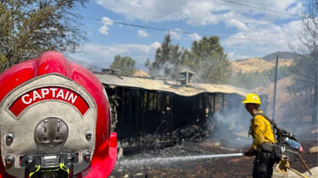 Kern County firefighters and U.S. Forest Service crews contained a Bodfish fire that destroyed a double-wide mobile home and spread into nearby grass. (Kern County FD)
