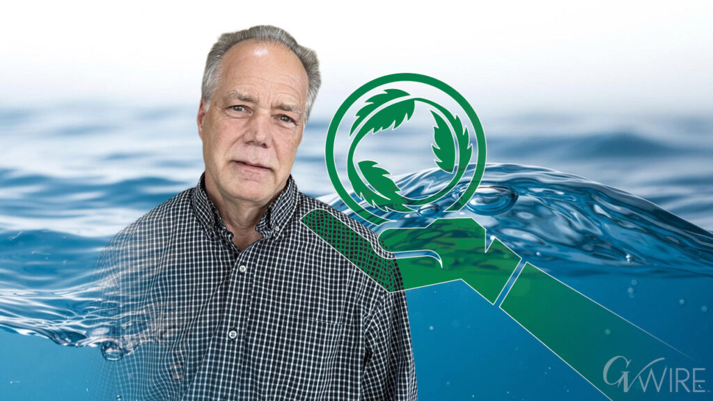 Composite image of Mark Larsen in an open collar shirt, blue water and a green earth logo, symbolizing an award he will receive