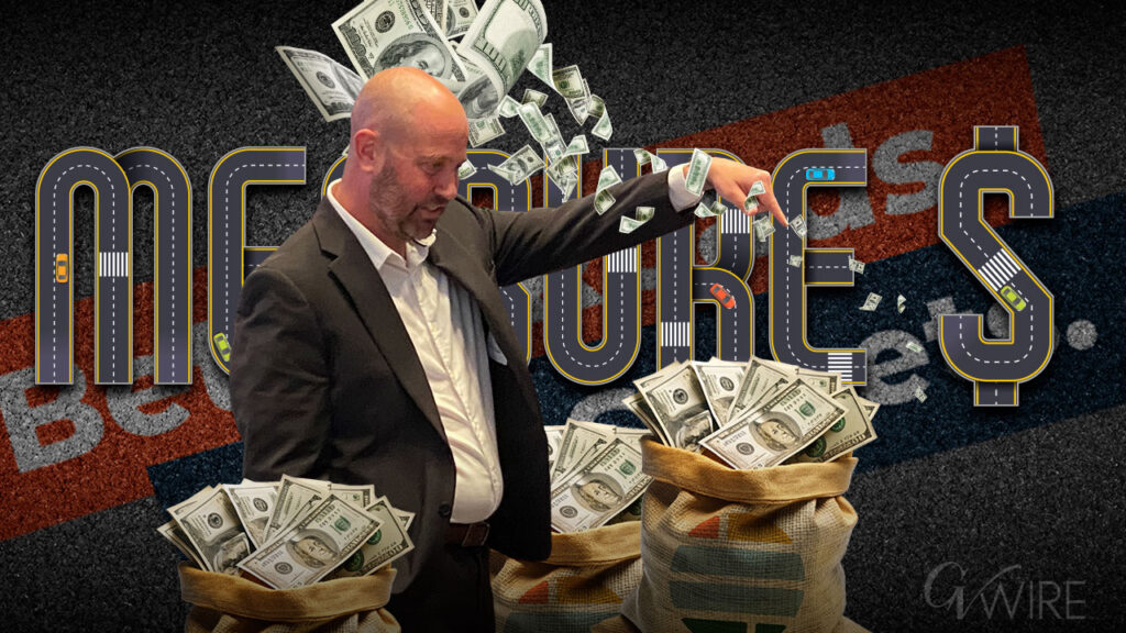 Composite image of Measure S campaign manager Andy Levine surrounded by stacks of $100 bills