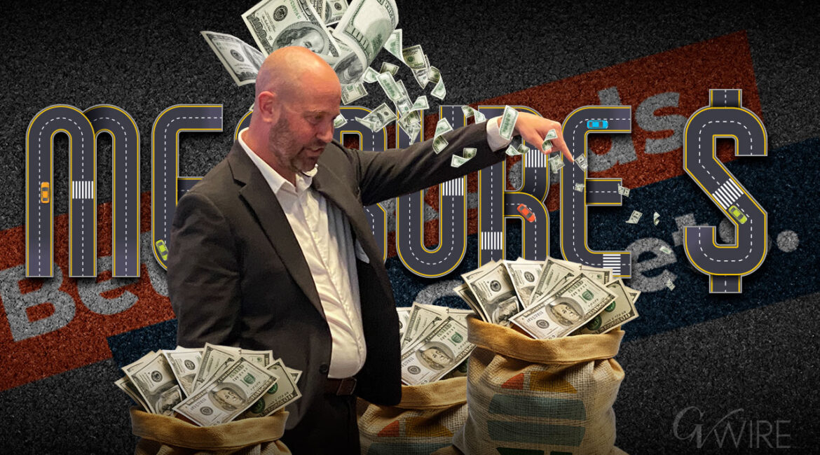 Composite image of Measure S campaign manager Andy Levine surrounded by stacks of $100 bills