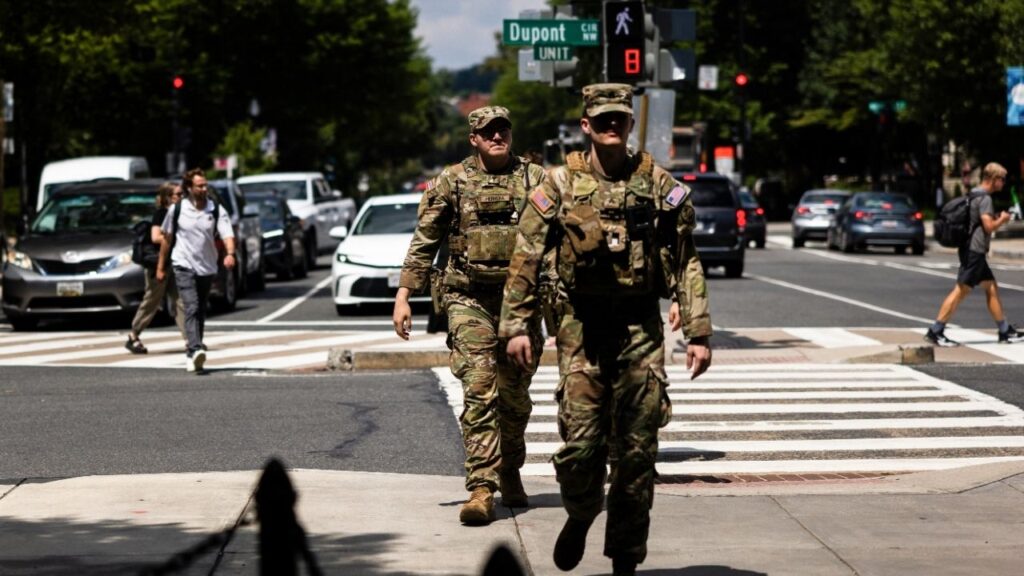 Members of the National Guard patrol Dupont Circle in Washington, Aug. 6, 2026. President Trump has opened a new front in his campaign to intimidate political foes, threatening a prominent liberal think tank with a $5 billion defamation lawsuit over a report concluding that his deployment of the National Guard to cities across the country has had little effect on reducing violent crime. (Tierney L. Cross/The New York Times)