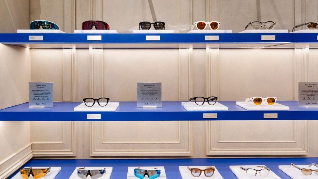 Meta glasses on display at the Meta Lab pop-up store at 697 Fifth Avenue in New York, Nov. 19, 2025. Immigration and Customs Enforcement has prohibited its employees from wearing Meta’s smart glasses, the latest workplace to ban the devices out of privacy concerns. (Lucia Vazquez/The New York Times)