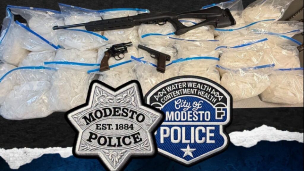 Modesto police arrested two men after a traffic stop and related search warrant led to the seizure of approximately 60 pounds of methamphetamine, firearms, and drug paraphernalia. (Modesto PD)