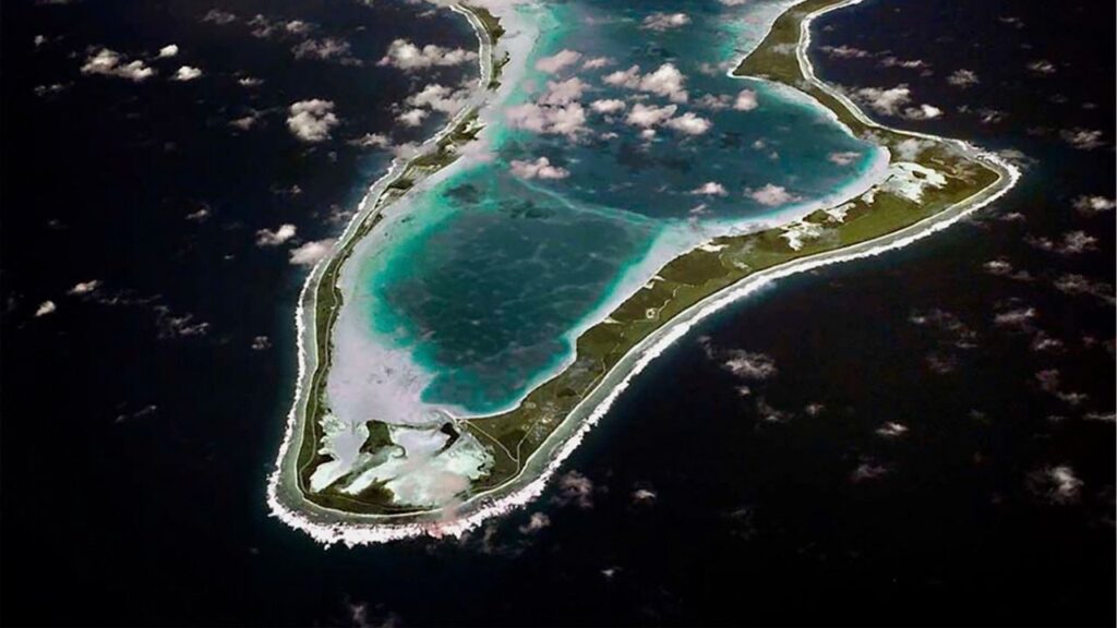 A US Navy handout photo of Diego Garcia, south of the Maldives. Diego Garcia, a tiny island 2,200 miles from the Gulf of Oman, took over as the Navy’s logistics hub after Iran damaged a base in Bahrain. (U.S. Navy via The New York Times)