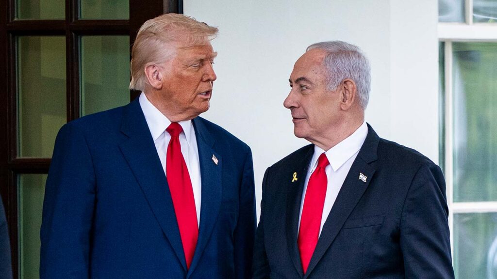 President Donald Trump, left, with Prime Minister Benjamin Netanyahu of Israel at the White House in Washington, April 7, 2025. Netanyahu is trying to satisfy the sometimes competing demands of his right-wing base and President Trump months ahead of a tough election. (Haiyun Jiang/The New York Times)