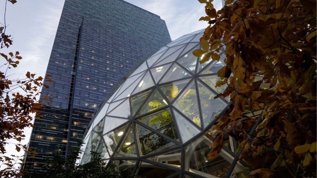 The Amazon headquarters campus in Seattle on Nov. 7, 2025. Amazon is investing in a large-scale natural-gas-burning power plant as part of a huge data center in Texas, the company confirmed on Friday, Aug. 7, 2026, a facility that could become the largest single source of climate pollution in the United States. (Jovelle Tamayo/The New York Times)