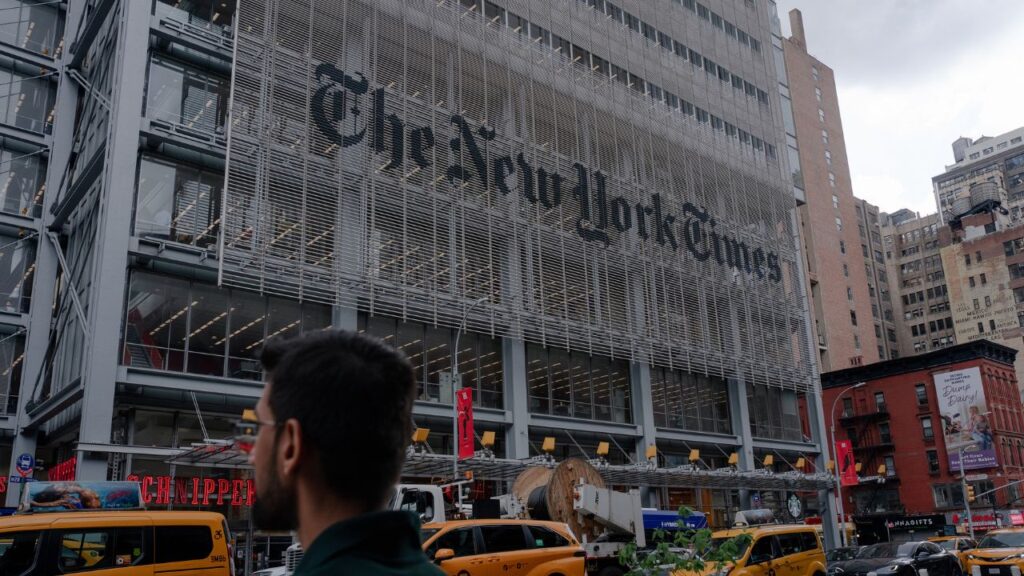 The New York Times building in Manhattan on July 29, 2026. An Alabama jury determined on Thursday, Aug. 20, 2026, that The New York Times defamed a college basketball player in a 2023 article that incorrectly reported he was at the scene of a deadly shooting in Tuscaloosa. The jury awarded $9.25 million in damages. (Lexi Parra/The New York Times)