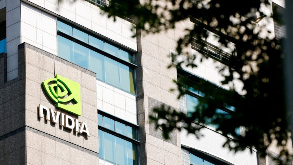 The NVIDIA logo is displayed on a building in Taipei, Taiwan April 16, 2025. (REUTERS/Ann Wang)