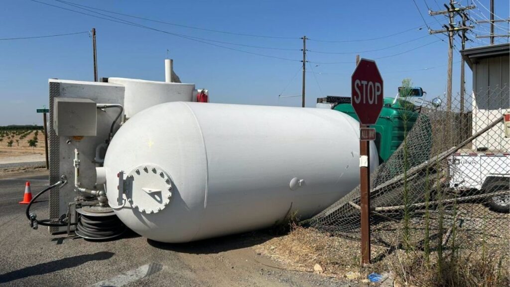 One person was hospitalized with moderate injuries after a traffic collision involving a propane tank near Ivanhoe, according to the Tulare County Fire Department. (Tulare County FD)