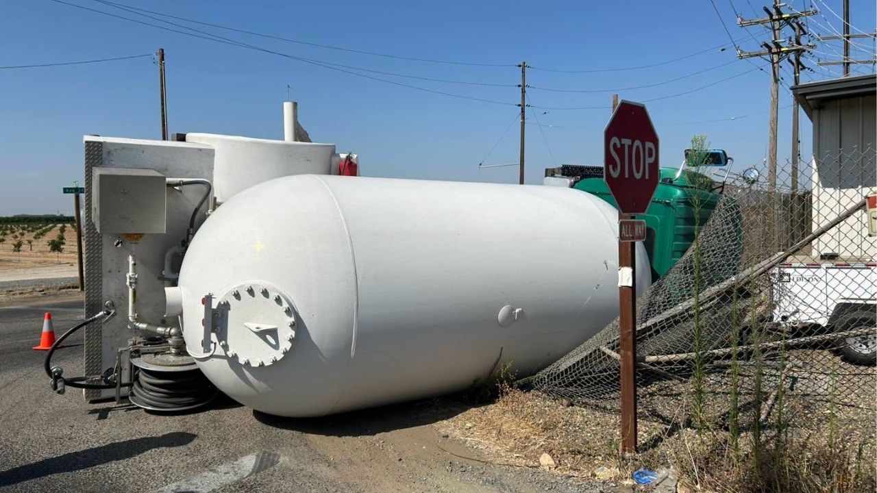 One person was hospitalized with moderate injuries after a traffic collision involving a propane tank near Ivanhoe, according to the Tulare County Fire Department. (Tulare County FD)