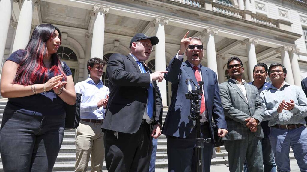 A Multicultural Business Coalition news conference outside of City Hall before a hearing on city-owned grocery stores in Manhattan, May 29, 2026. Garcia is an opponent of New York Mayor Zohran Mamdani’s city-owned grocery stores initiative. (Heather Khalifa/The New York Times)